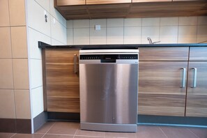 Eine silberne Spülmaschine in einer Küche mit Holzschränken und gefliesten Wänden.