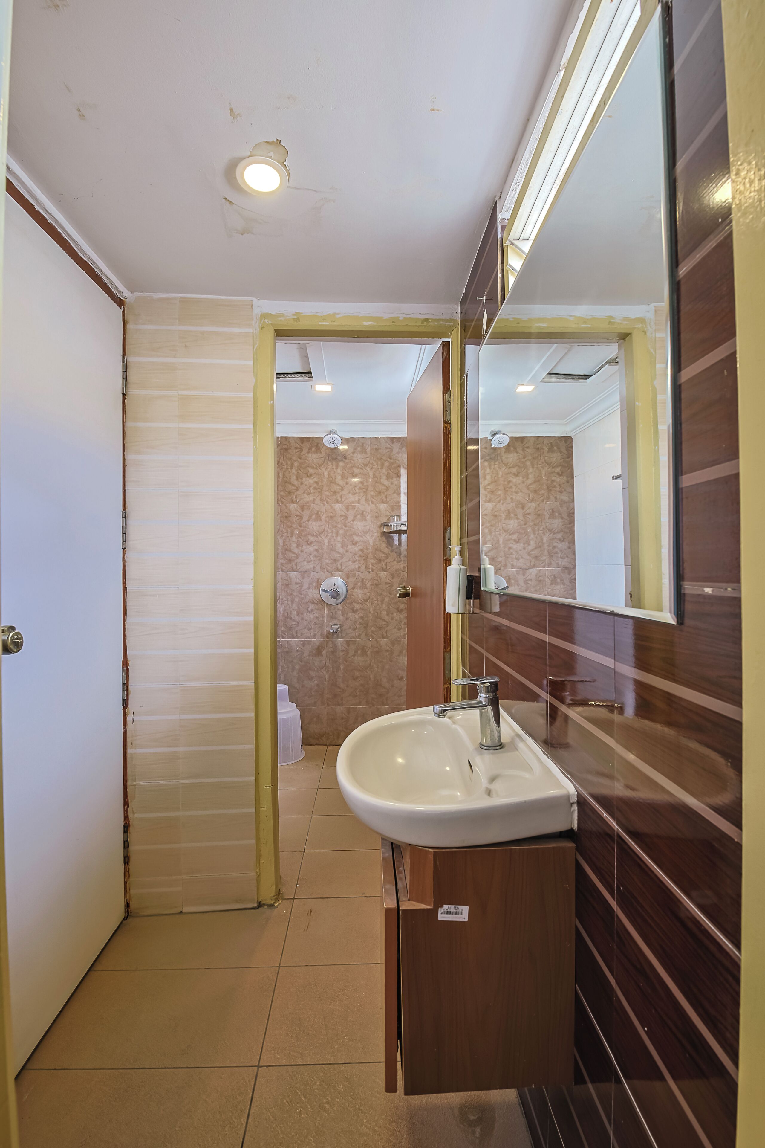 A bathroom with a sink, mirror, and shower.