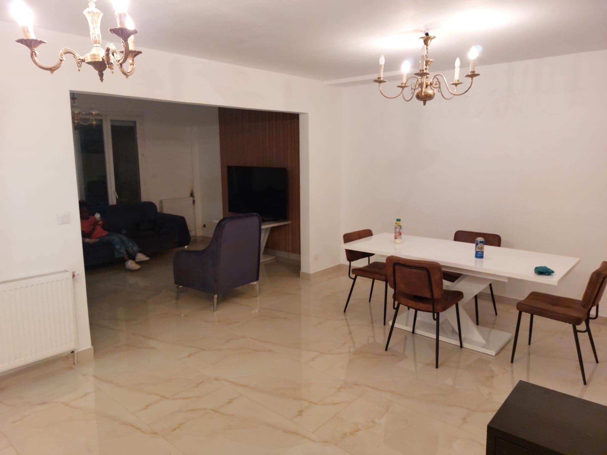 A spacious living area with a dining table and chairs, a sofa, and a TV.