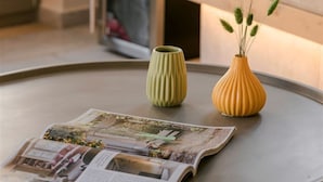 A modern living room with a sofa, a coffee table with a magazine, and two vases with dried plants. - Chromata Assos Villas Kefalonia (Kefalonia)