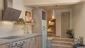 A modern kitchen with a built-in oven, a refrigerator, and a countertop. - Chromata Assos Villas Kefalonia (Kefalonia)