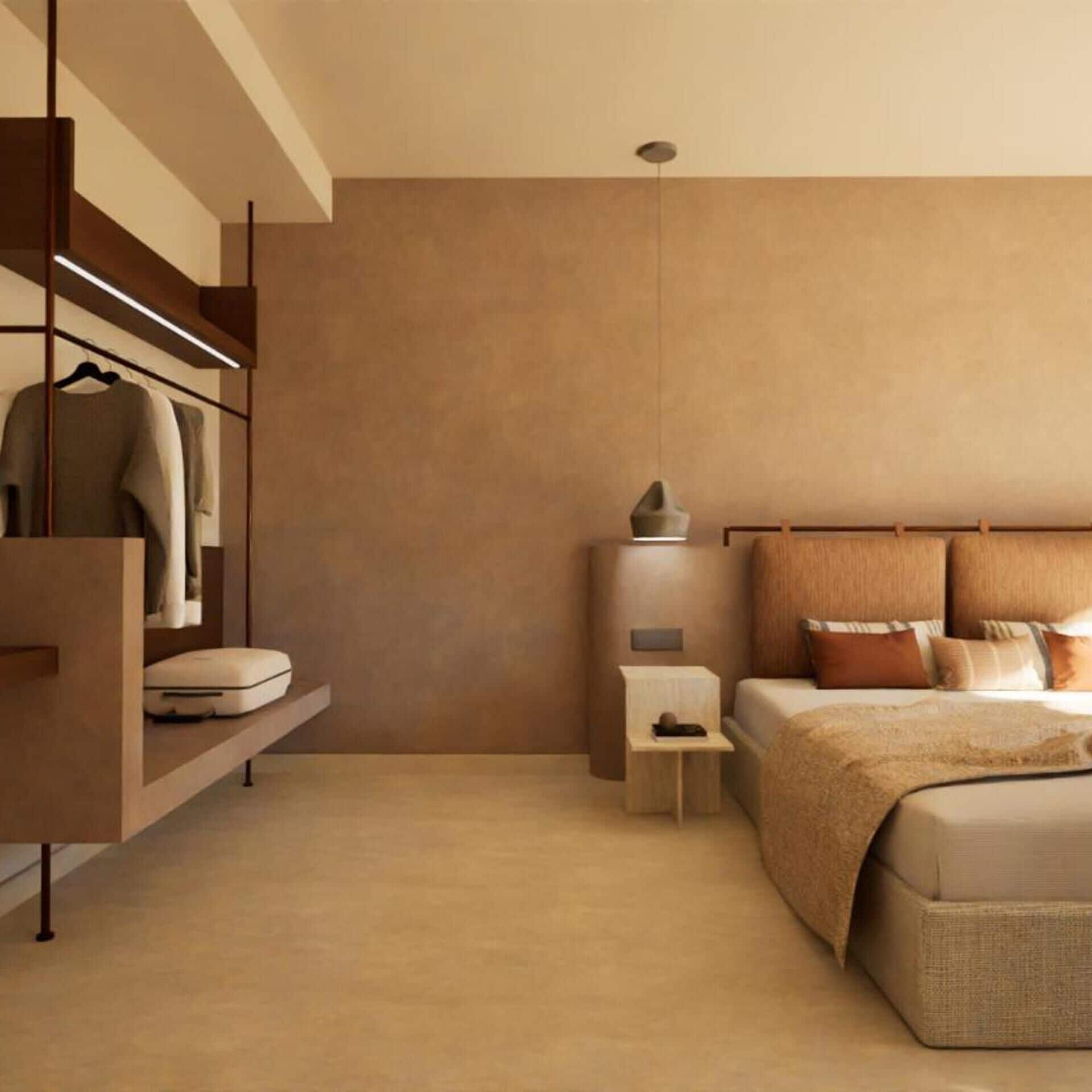 A modern bedroom with a bed, bedside table, and a wardrobe.