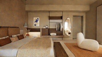 Un dormitorio moderno con una cama grande, un área de descanso, un armario y un espejo.