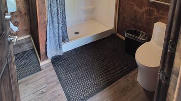 Shower, towels, soap, toilet paper