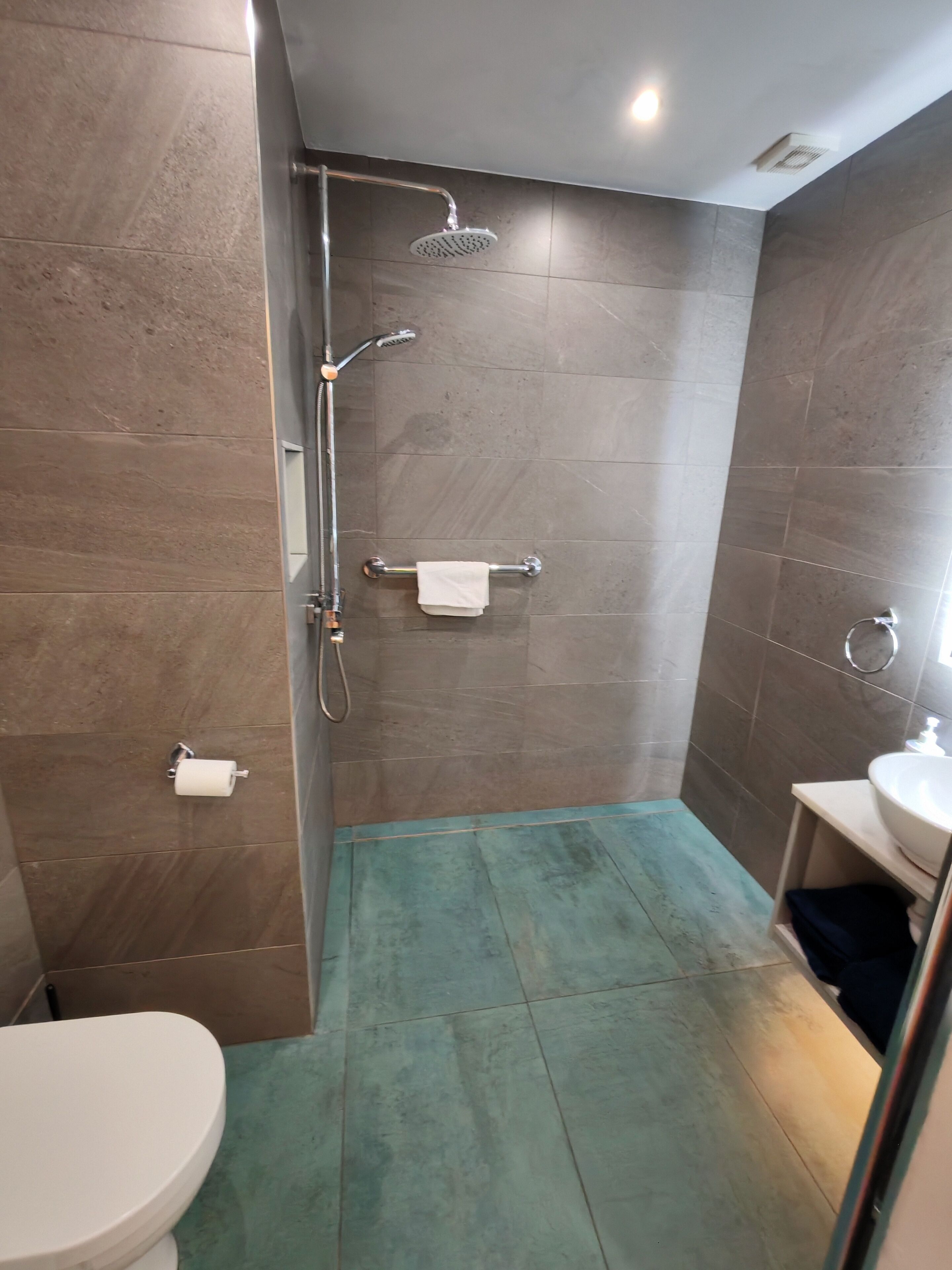Baño con ducha, inodoro y lavamanos.
