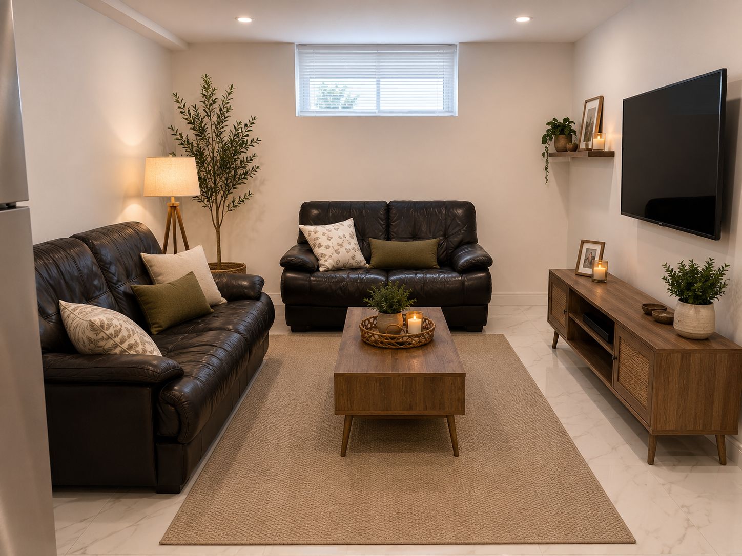 Een moderne woonkamer met een leren bank, een houten salontafel en een aan de muur bevestigde televisie.