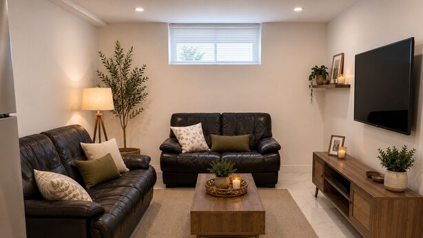 A modern living room with a leather sofa, a wooden coffee table, and a TV mounted on the wall.