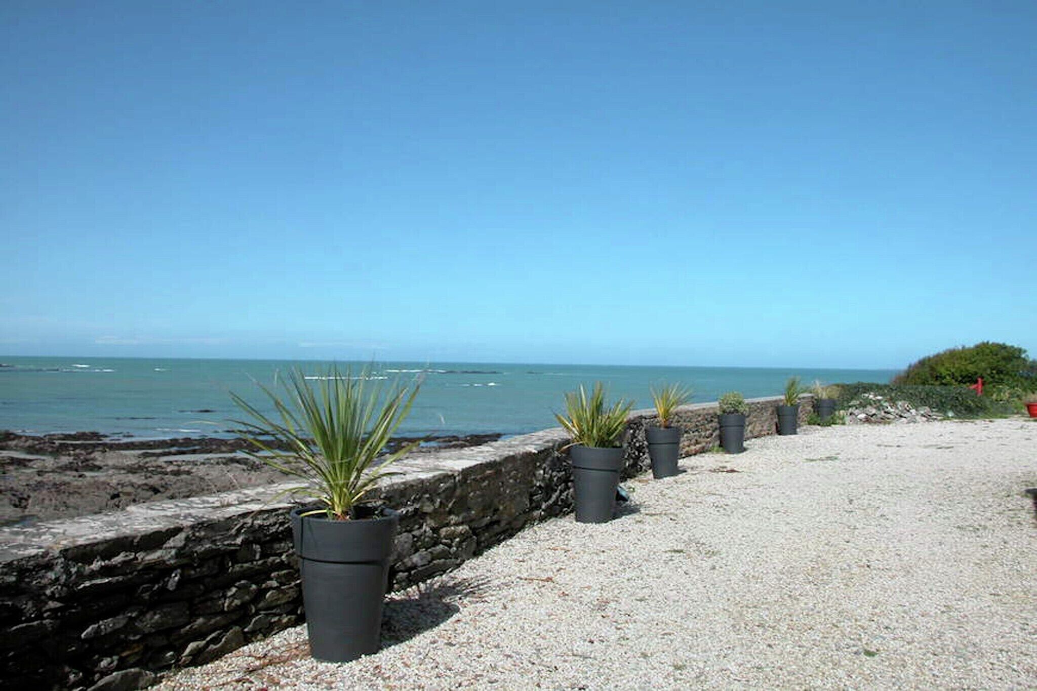 Uma passarela costeira com plantas em vasos e vista para o mar.