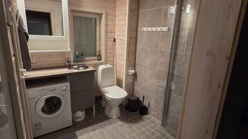 Hair dryer, bidet, towels, soap