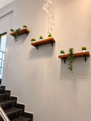 Una escalera con escalones de mármol negro y estantes de madera fijos a la pared, con plantas en macetas.