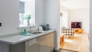 Eine moderne Küche mit integriertem Spülbecken, einem Fenster mit Pflanze und Blick in einen Wohnbereich mit Sofa und Fernseher.