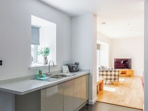 Eine moderne Küche mit integriertem Spülbecken, einem Fenster mit Pflanze und Blick in einen Wohnbereich mit Sofa und Fernseher.