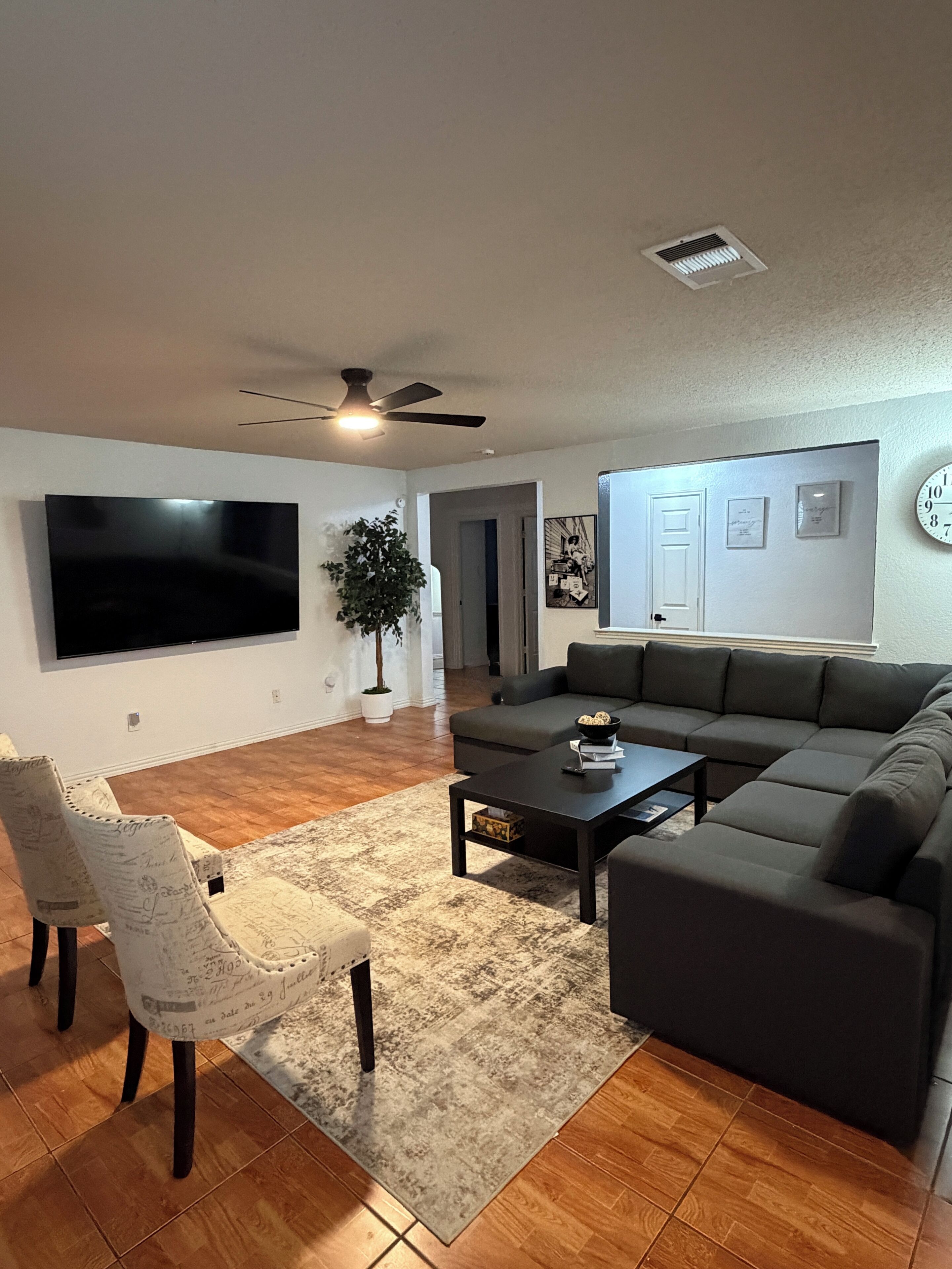 A living room with a flat-screen TV, a ceiling fan, a dark-colored sofa, a coffee table, and a patterned rug.