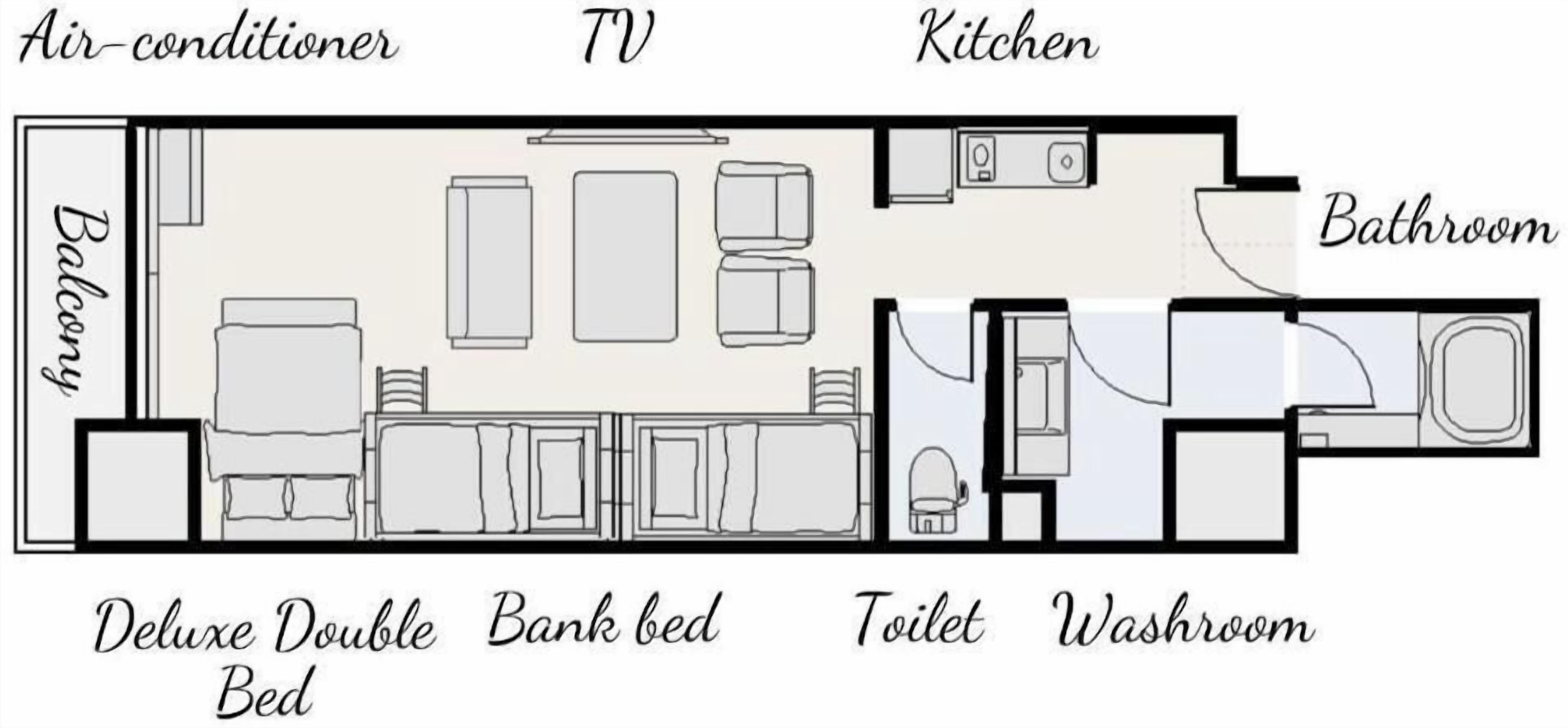 A hotel room layout with a balcony, TV, kitchen, bathroom, and a double bed.