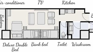 A hotel room layout with a balcony, TV, kitchen, bathroom, and a double bed.