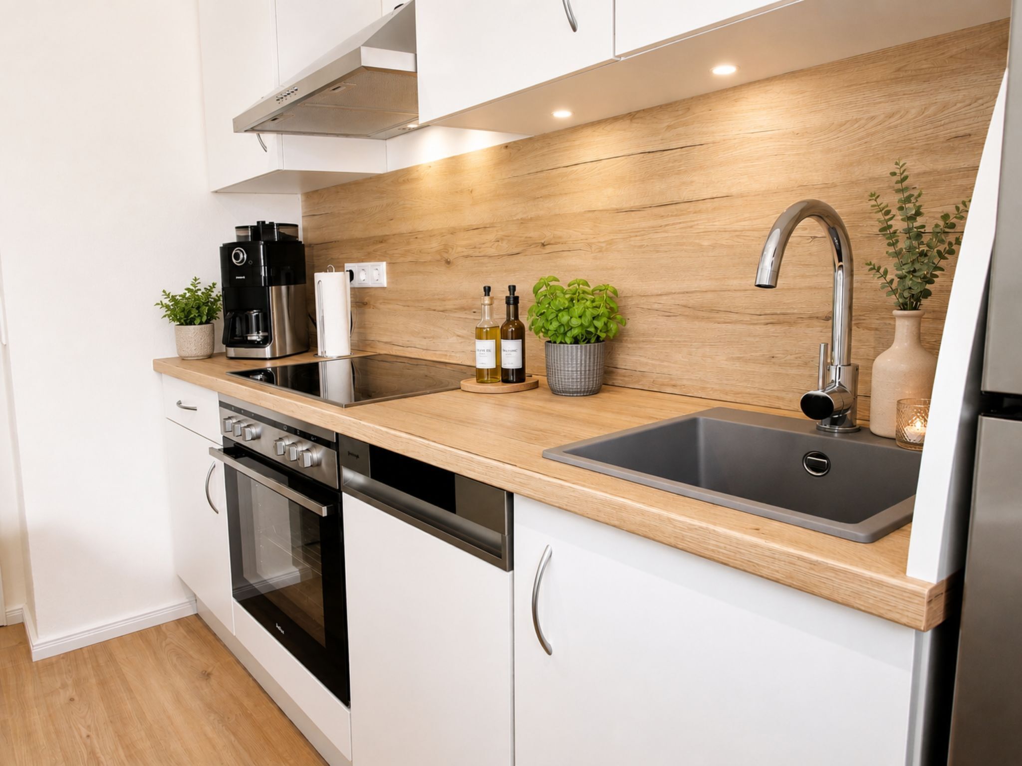 A modern kitchen with a stainless steel sink, a built-in oven, and a coffee maker.