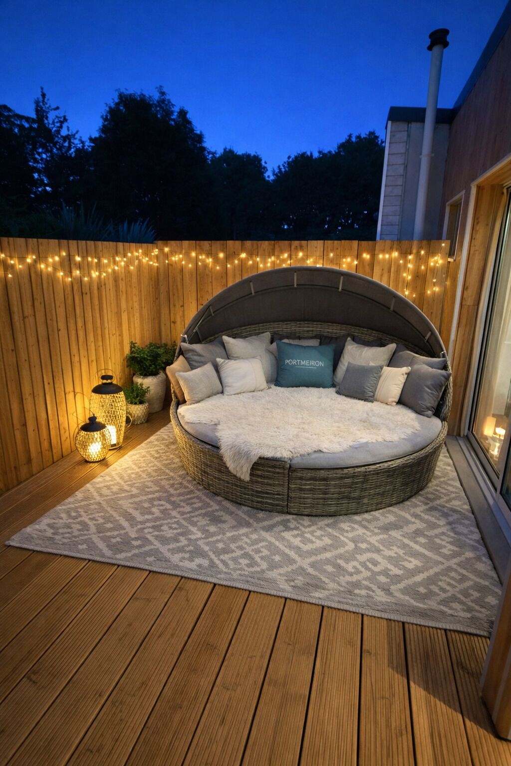 Ein runder Sitzbereich im Freien mit einer gepolsterten Bank, umgeben von einer Holzterrasse und Lichterketten.