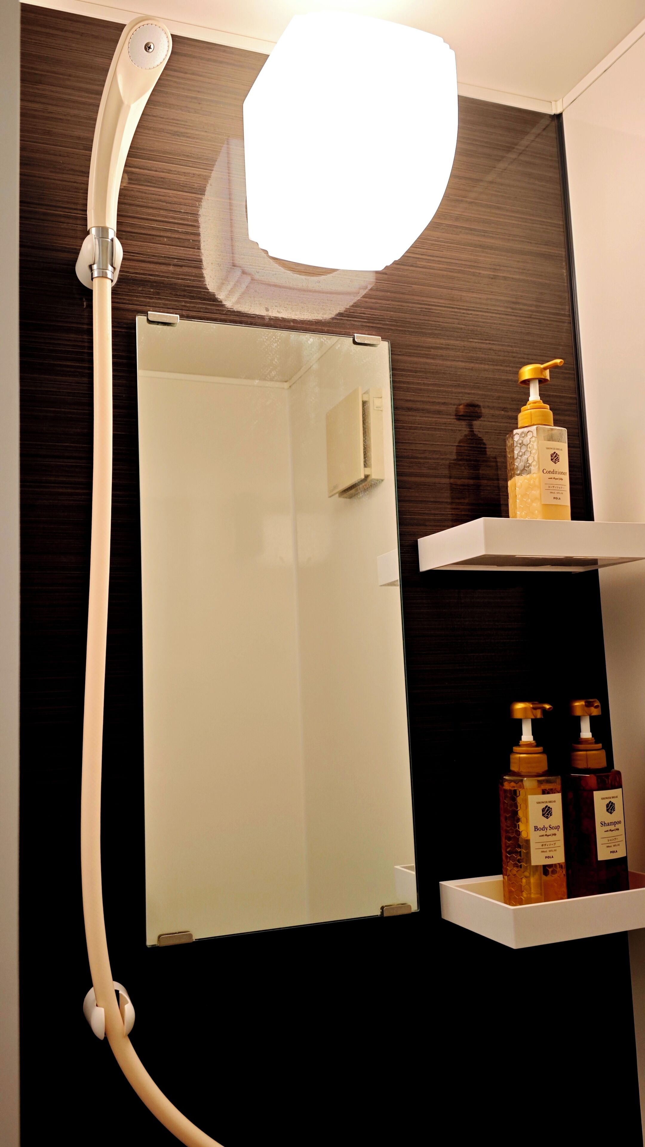 A bathroom with a shower, a mirror, and shelves with toiletries.