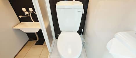 Un baño moderno con inodoro, lavabo y zona de ducha.