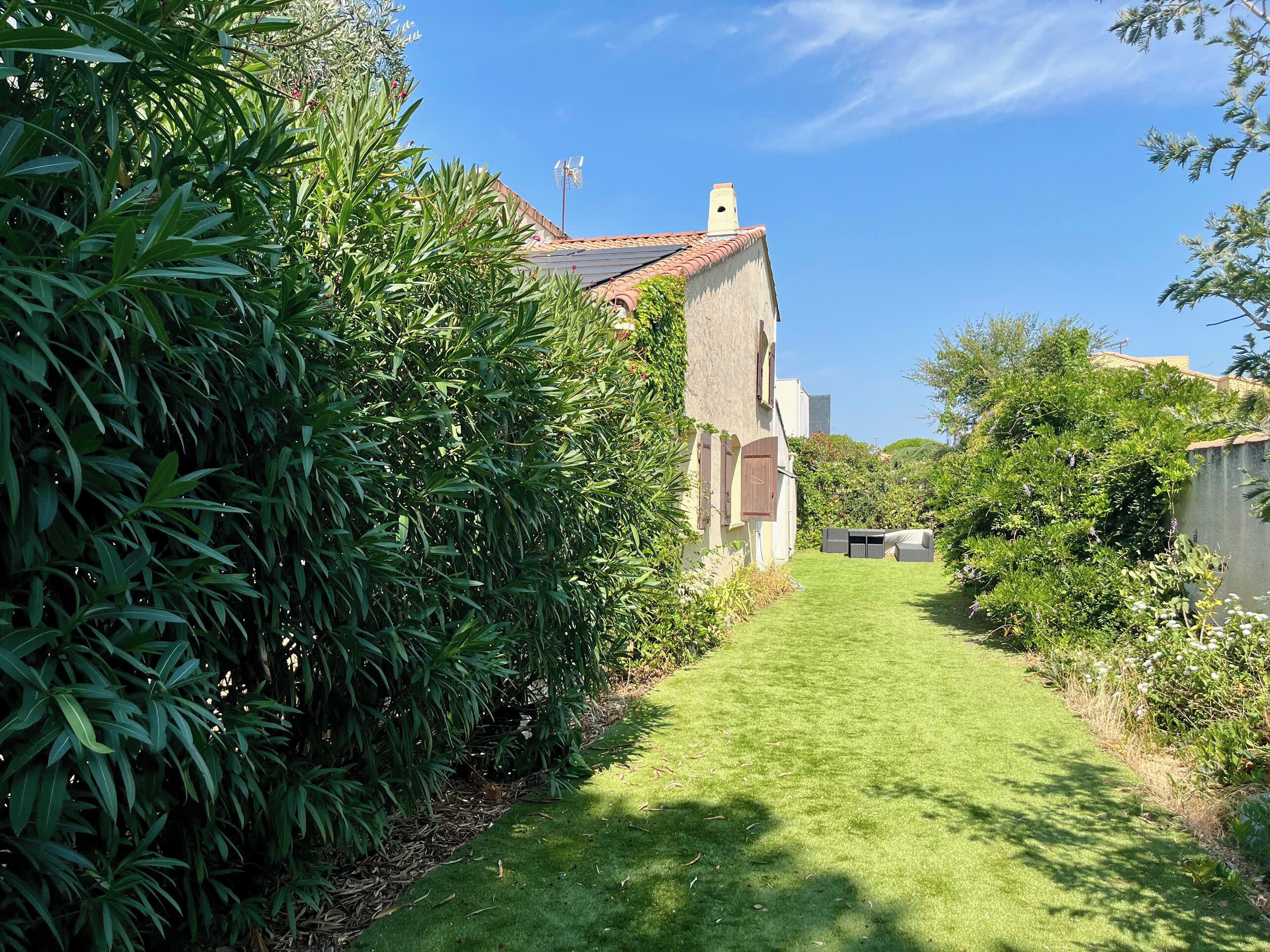 A pathway leading to a house with a red-tiled roof, surrounded by dense greenery.