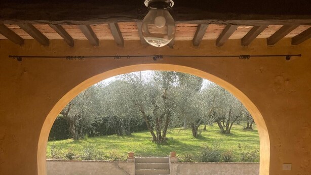 Un pati exterior amb paviment de pedra, una taula i una vista cap a un jardí amb arbres i gespa a través d'una arcada.