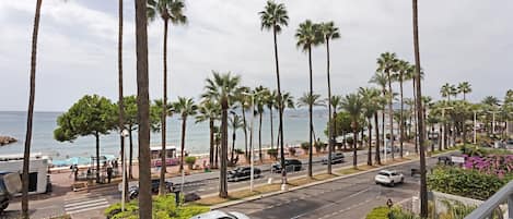 A coastal street lined with palm trees and a view of the sea.