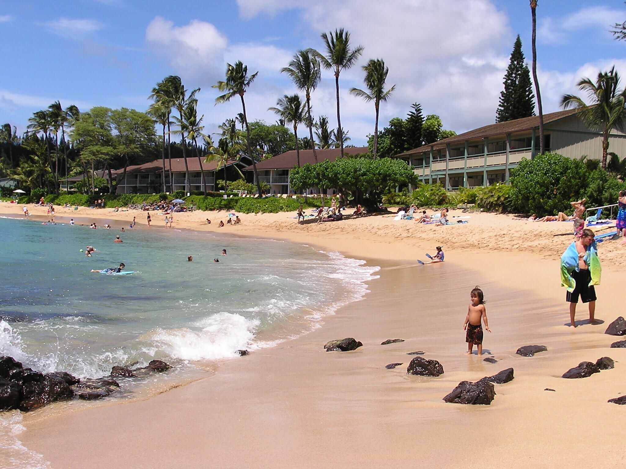 A beach with palm trees, a building with a flat roof, and people on the sand.