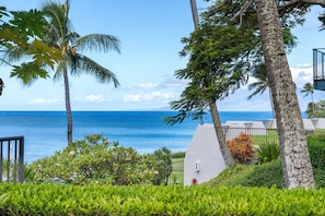 A coastal view with a clear sky, palm trees, and a building with a white facade. - Ocean View 1BD Walk to Napili Bay Beach & Oceanfront Pools- Napili Point B38 (Lahaina)