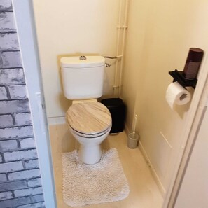 Secador de cabelo, toalhas de banho, sabonete, papel higiênico