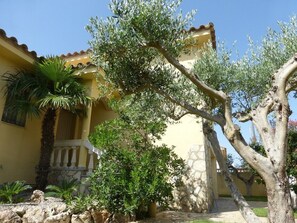 A yellow building with a stone wall, a palm tree, and a large tree with a twisted trunk. - Villa Alzina with Private Pool (L'Escala)