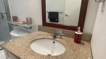Hair dryer, towels, soap, toilet paper