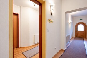 A hallway with a wooden door, a radiator, and a wall-mounted light fixture. - Tyrolean Apartment with Terrace (Achenkirch)
