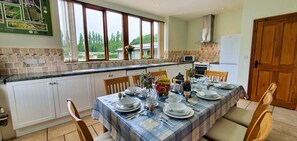 Eine Küche mit Esstisch für vier Personen, Blick ins Freie durch große Fenster und ein moderner Herd.