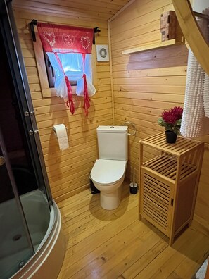 Ein Holzinnenraum mit Toilette, Dusche und einem kleinen Tisch mit einem Topfpflanzen.