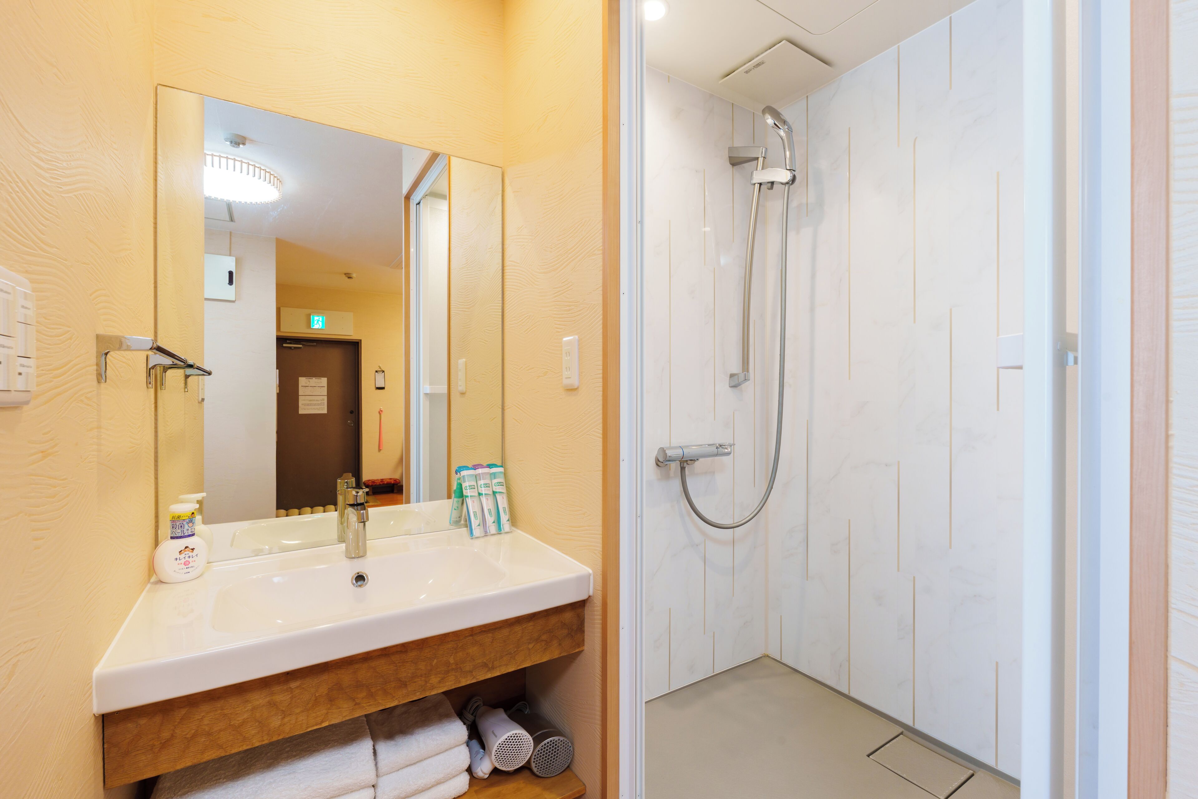 A bathroom with a white sink, a mirror, and a shower with a handheld showerhead.
