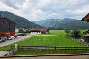 A rural landscape with a barn, a white building, and a green field. - Holiday apartment near Lake Achensee (Achenkirch)
