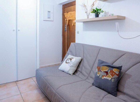 A grey sofa with two cushions, a wooden door, a white wall, and a shelf with a plant. - Chez Sebastien I Studio I Bernex (Bernex)