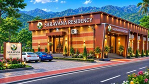 Hotel Saravana Residency con fachada de ladrillo, varios equipos de aire acondicionado y un cartel.