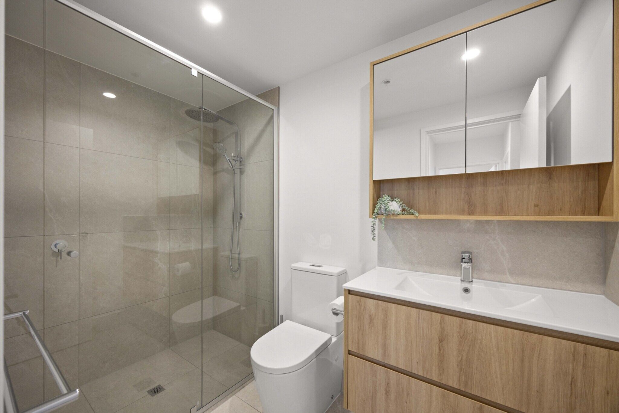 A modern bathroom with a glass shower enclosure, a toilet, and a vanity with a mirror.