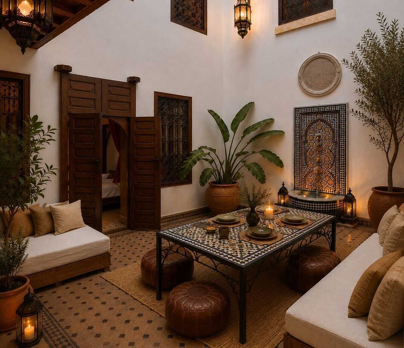 A cozy interior with a sofa, a table, and potted plants.