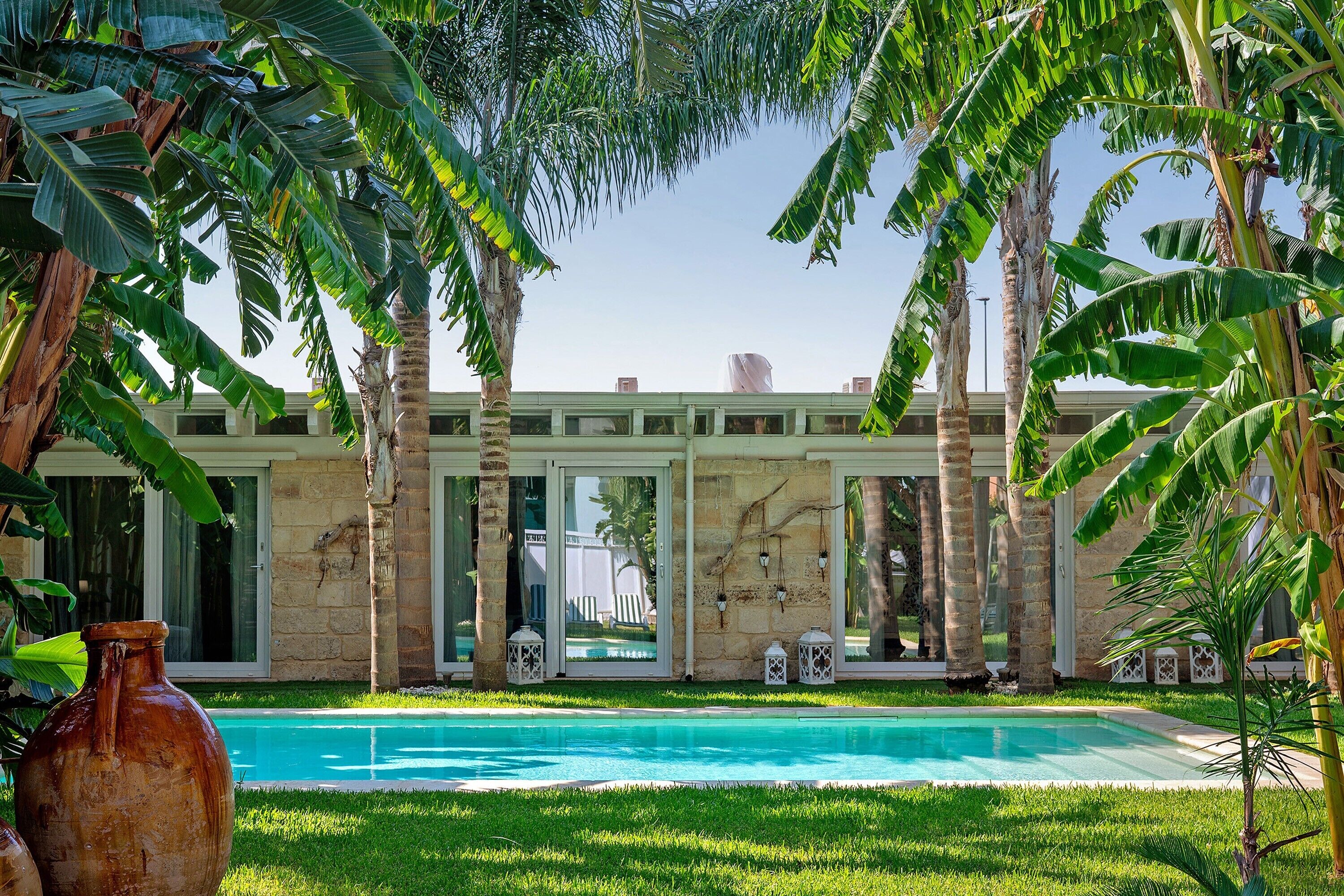 A pool with a clear blue water surface, surrounded by lush green grass and palm trees.