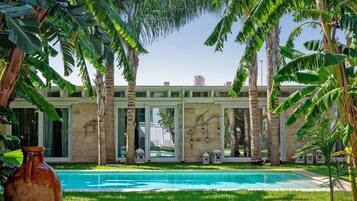 A pool with a clear blue water surface, surrounded by lush green grass and palm trees.