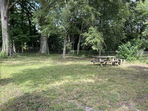 A picnic table in a grassy area surrounded by trees. - Renovated Brick Cottage · 10 Min to Uptown (Charlotte)