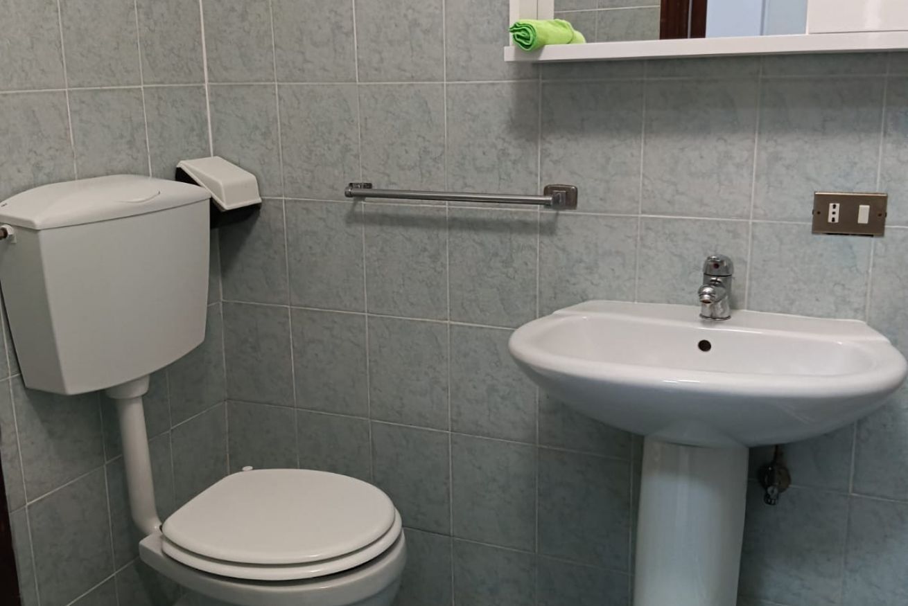 Un bagno con un water, un lavandino e un portasciugamani.