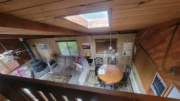 Smart TV, fireplace, books, video library