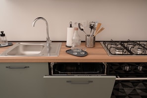 A kitchen with a stainless steel sink, a gas stove, and a dishwasher. - Tempora Domus E' (Naples)