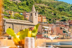 A hillside town with terraced vineyards, a church, and residential buildings. - [ARio] Riomaggiore-5TERRE-A/C-best position (Riomaggiore)