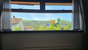 A window with a view of a flag, a radiator, and a building in the background. - BridAj's Place is a full Semi-detached 3 Bed home with parking full of History. (Belfast)