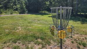 Un panier de disc golf dans un champ herbeux, avec des arbres en arrière-plan.