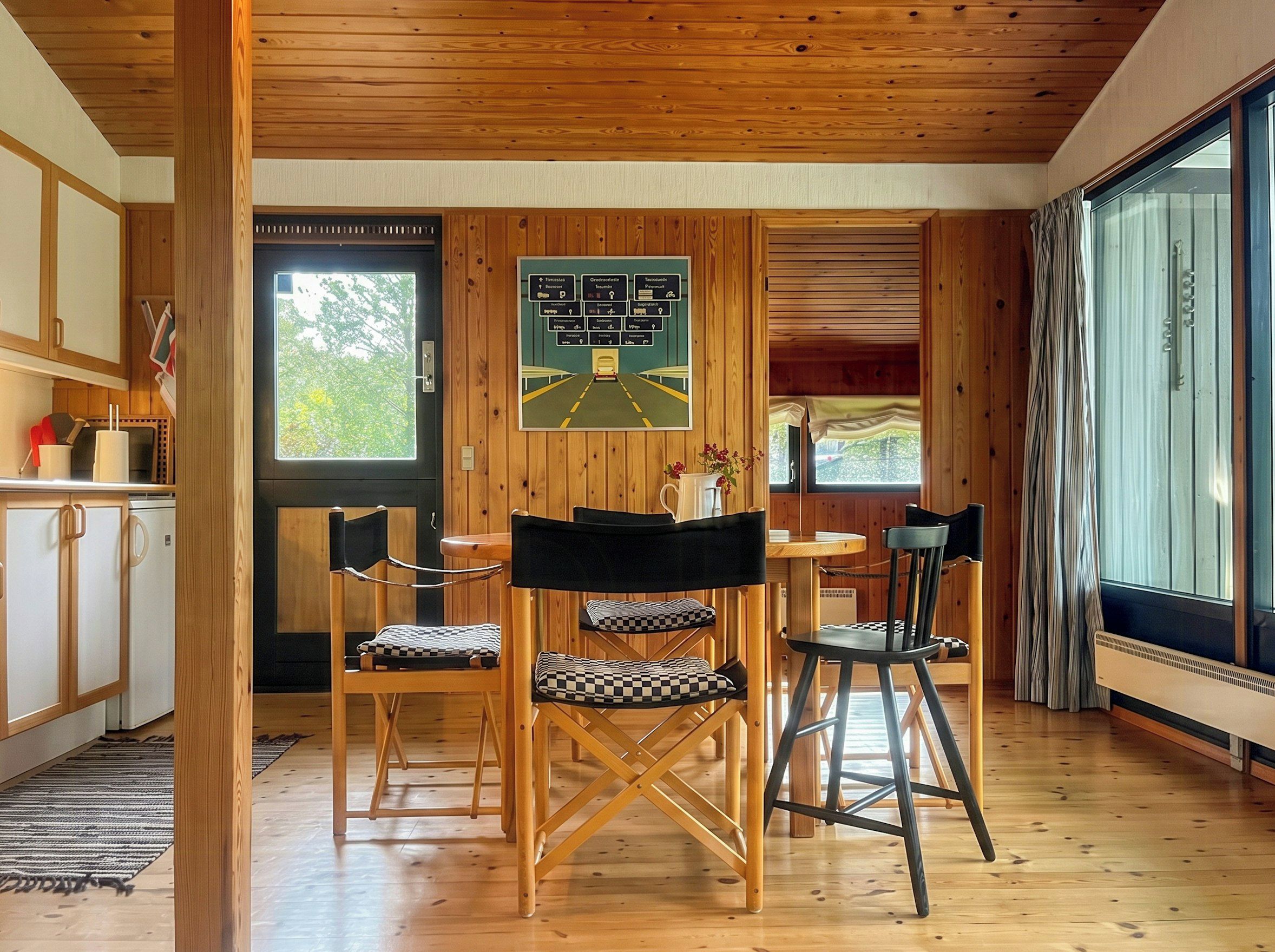 A wooden interior with a dining area, a kitchen, and a large window.